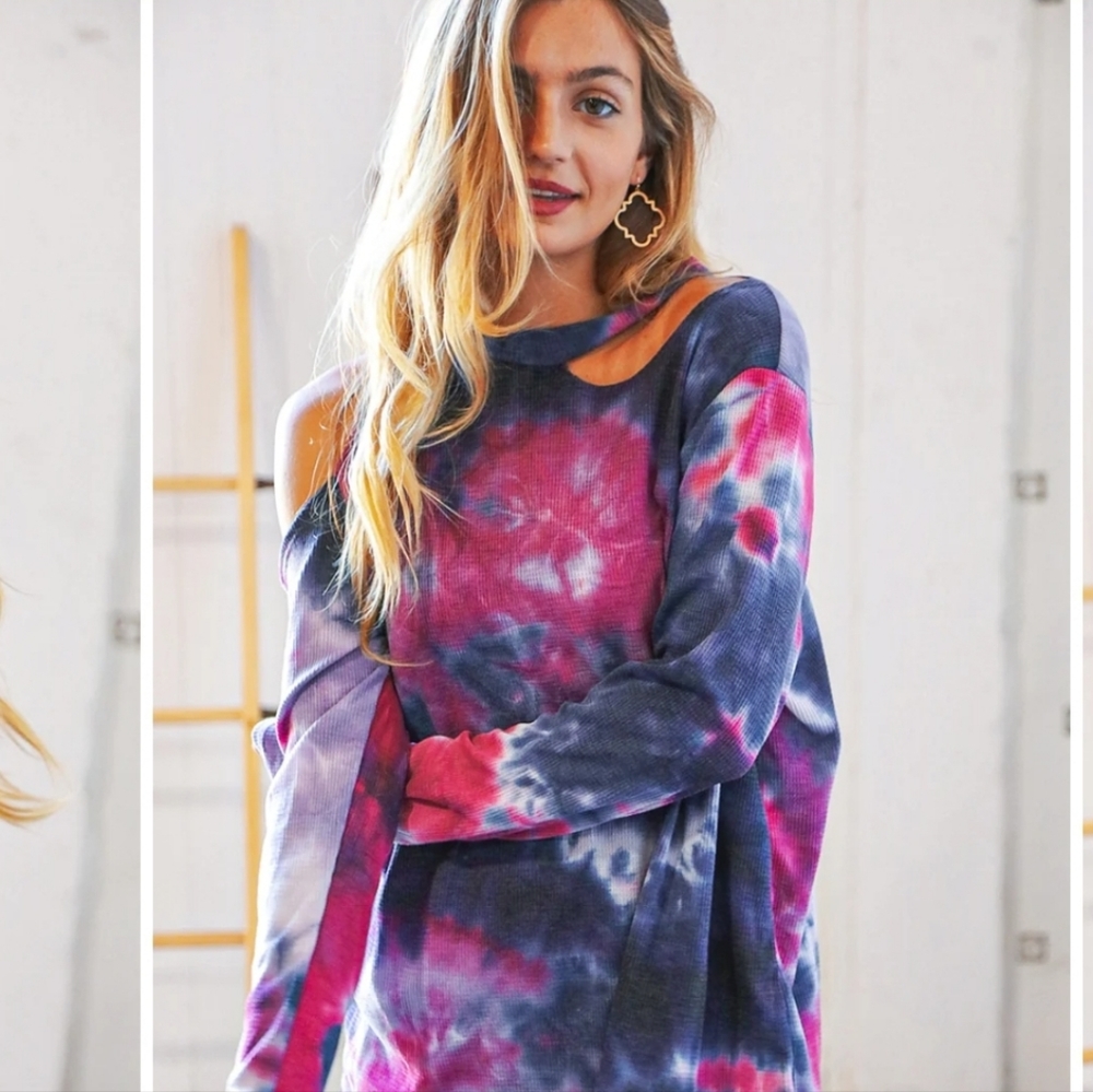 Tie dye, cut shoulder shirt